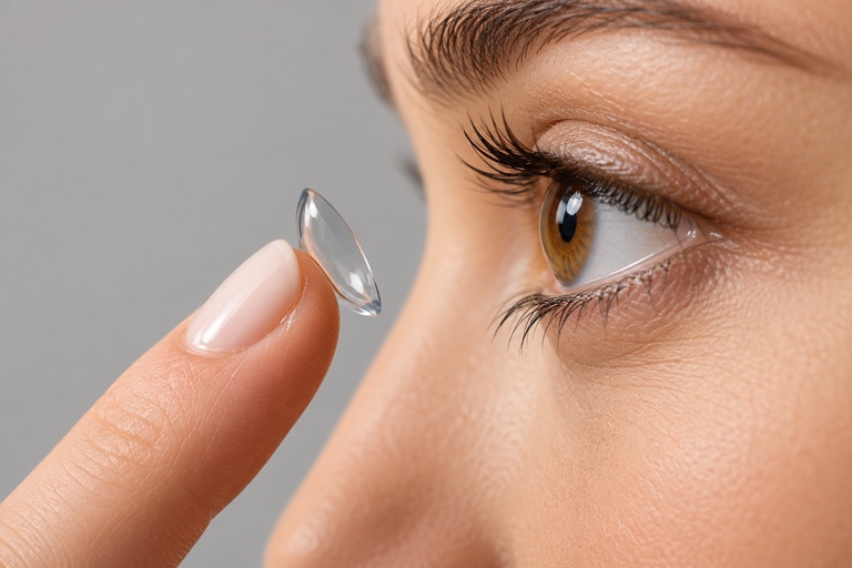 Close-up of a clear contact lens resting on a fingertip near an eye.