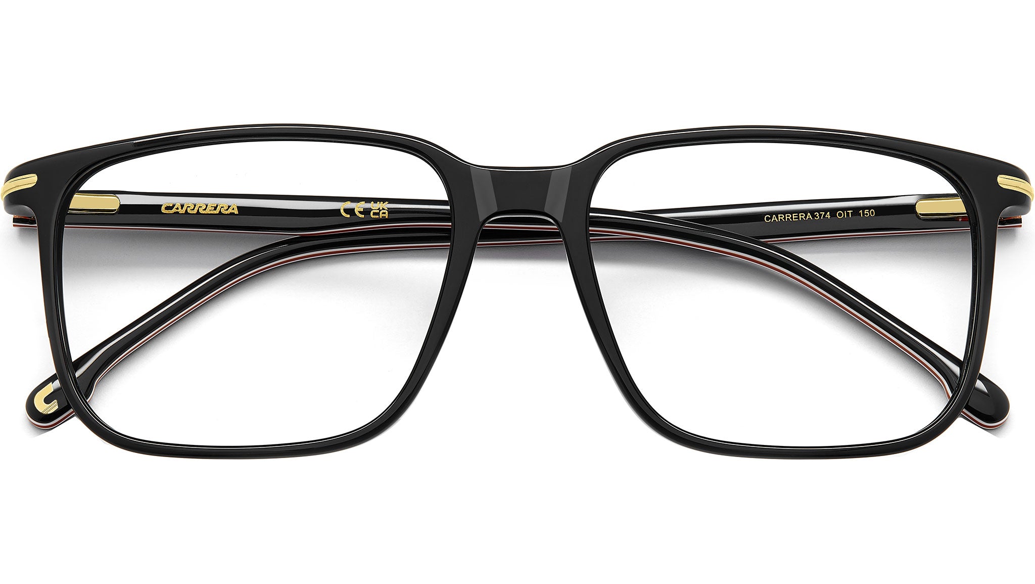 Black and red Carrera 374 OIT rectangular full-rim glasses with metal accents, front view