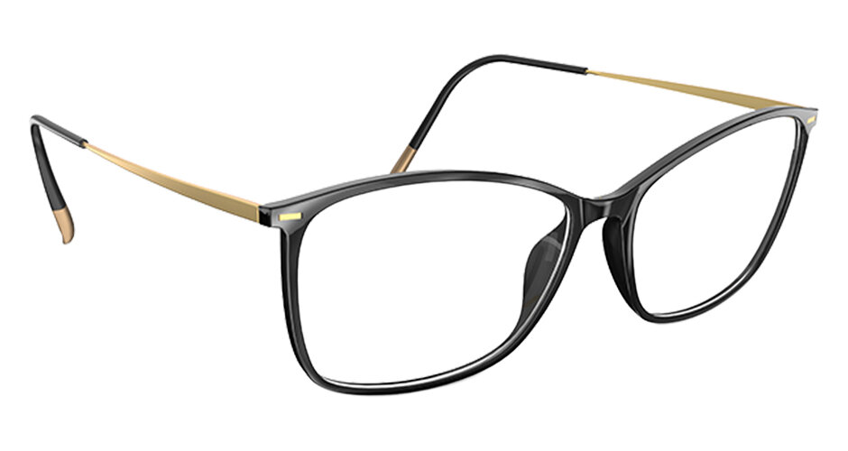 Silhouette Illusion Lite 1598 9030 Black Shiny full-rim glasses with gold-coloured temples, three-quarter view