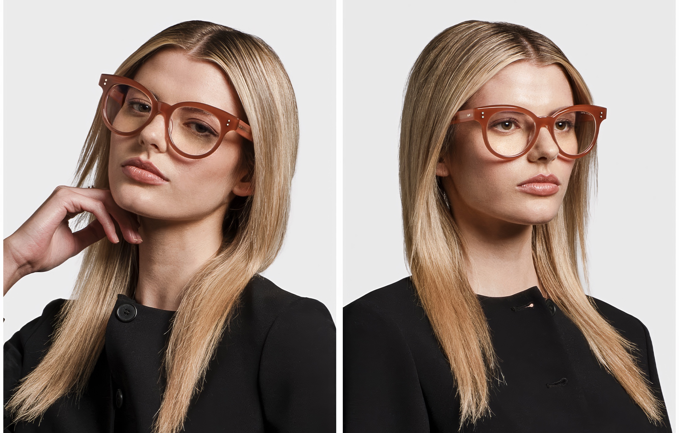 Upright portrait of a woman wearing warm-brown DITA LYONS Optical glasses